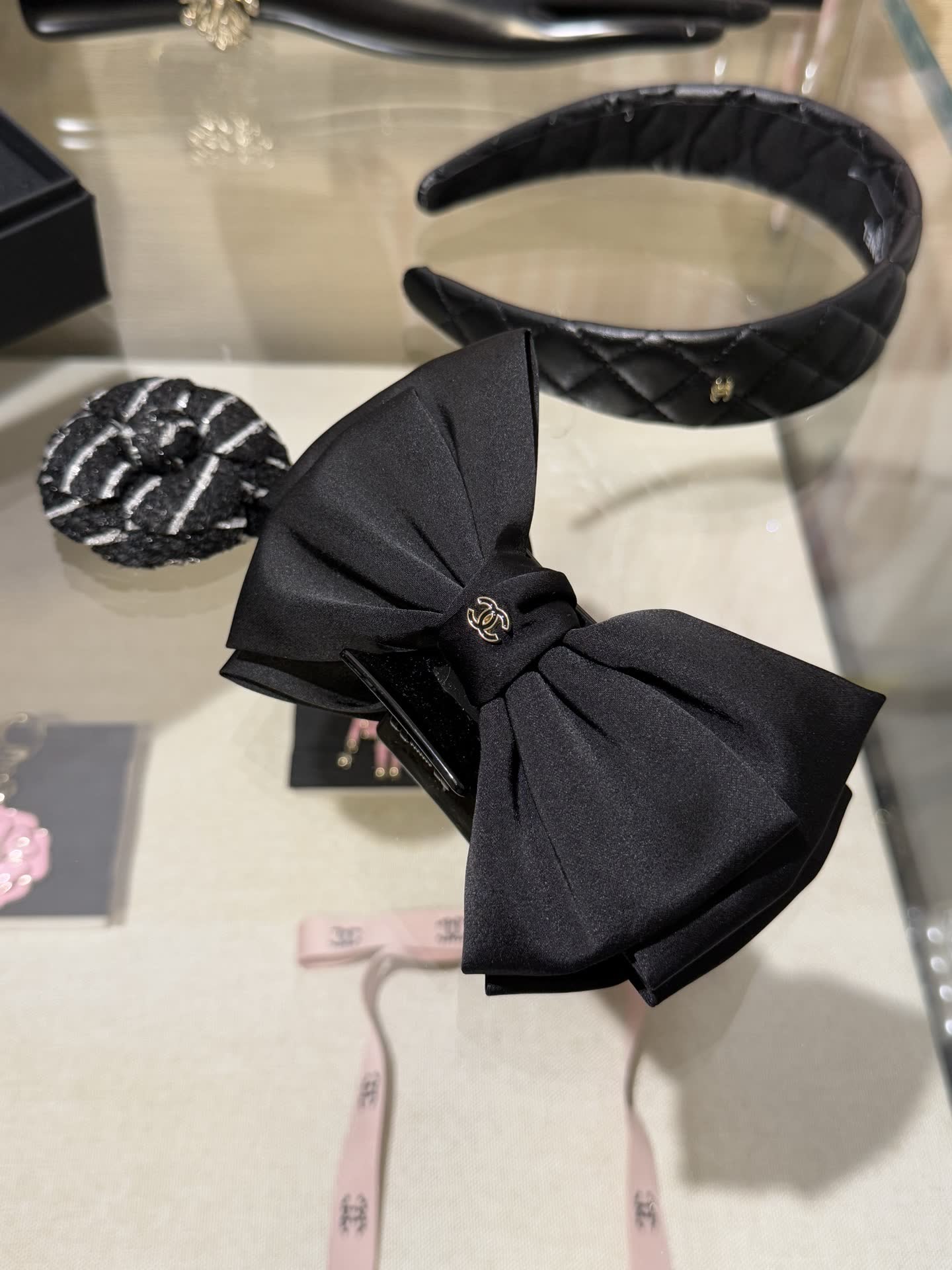Chanel Black Satin Bow Hair Clip